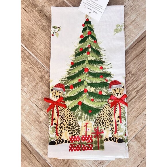 CHRISTMAS CHEETAH Kitchen Towel Set of 2 Embroidered BEADED Detailed 20" x 28 - Picture 10 of 10